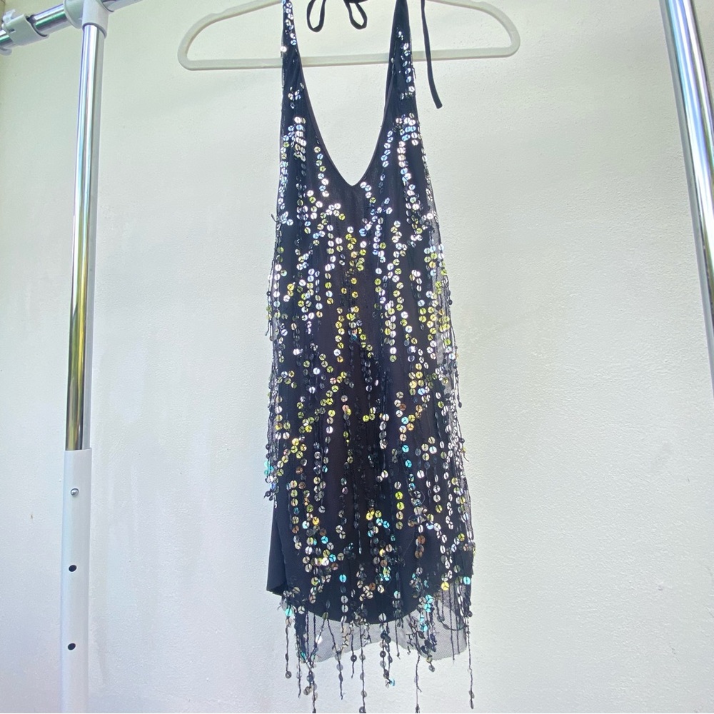 Y2K Black & Silver Sequin Fringe Fairy Halter Top Size Medium